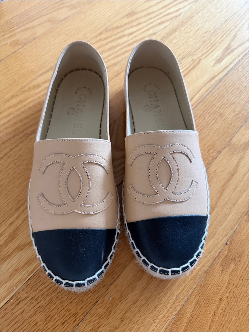 CHANEL Beige and Black Leather Espadrille Flats